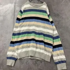 トミーヒルフィガー 長袖ニット 生成 L マルチボーダー デザイン【7637】