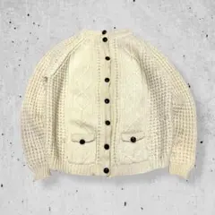vintageウール100％アランニットフィッシャーマンニットカーディガン白古着