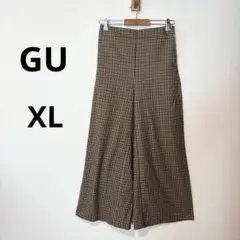 美品 GU XL ブラウン チェック柄 ウエストゴム ワイドパンツ