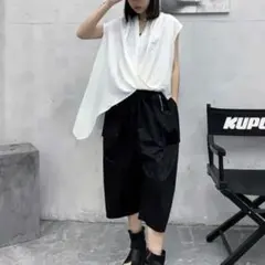 No5029 白 フレンチスリーブ アシンメトリー ブラウス Vネック 変形