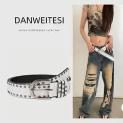 スタッズ付き ホワイト ベルト ダブルピン スケーター　男女兼用