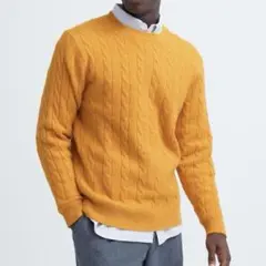 【中古品】ユニクロ クルーネック スフレヤーン ケーブルニット イエロー S