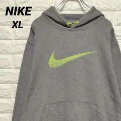 【NIKE】✔ ロゴ刺繍 スウェットパーカー グレー ネオンロゴ US古着