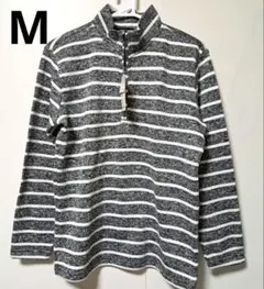 グレーとホワイトのストライプ ハーフジップ長袖カットソー　M　メンズ