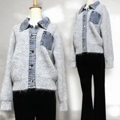 ♥️新品未使用♥️ グレー モヘアニット デニムドッキングカーディガン 長袖