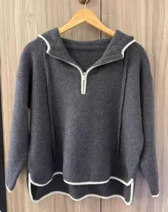 グレー フード付き ジップアップ セーター