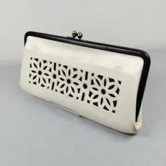 良品 ゲンテン★カットワーク がま口ロングウォレット グレインレザー 本革 白