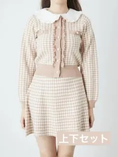 Ank rouge アンクルージュ フリル衿千鳥柄ニット セットアップ ピンク