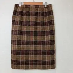日本製 100%ウール タータンチェック柄 タイトスカート ブラウン系 LL相当