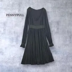 ペニープル イタリア製 刺繍 ロングワンピース 深Ｖ 長袖 切り替え 茶 S