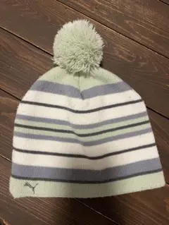 PUMA ポンポン付きニット帽 緑系ストライプ