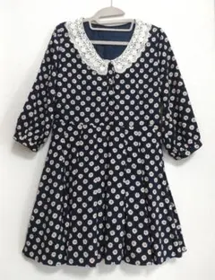 花柄 ネイビー デイジー フレアワンピース Lサイズ