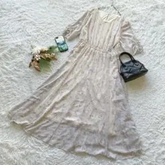 フェルゥ 花柄シフォンロングワンピース M 上品 七分袖 フレアAライン 女子会