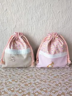 ハンドメイド巾着袋2枚セット24×20 　給食袋　コップ袋　入園入学準備　女の子