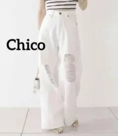 Chico チコ 白ダメージデニムワイドパンツ