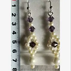 紫ピアス　ハンドメイド　白パール　両耳用　イヤリング可　他色可　●2点目から半額