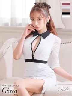 フロントジッパーｘレース五分袖タイトミニキャバドレス ブルー Lサイズ