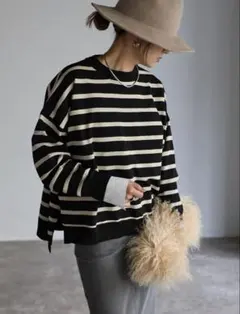【新品】BONJOUR SAGAN クルーネックボーダープルオーバー／ブラック