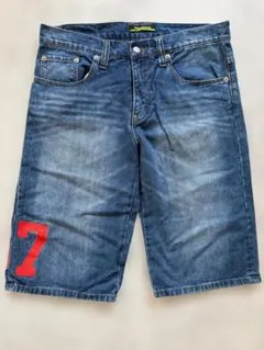 【極美品】バナナセブン デニムハーフパンツ バックプリント L 本革のサムネイル