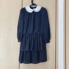 ２段フリル　紺色ワンピース 水玉模様 140サイズ