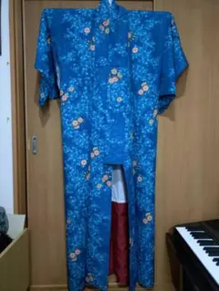 青色 花柄 小紋 着物