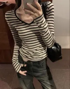ストライプ Vネック 長袖トップス