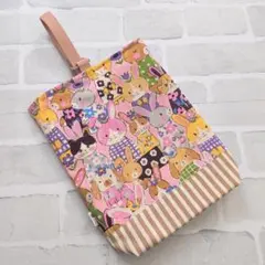 上靴袋　上履き入れ　Ｄカン　【うさぎさん　ピンク　モカストライプ】