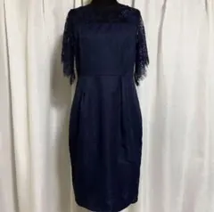 ネイビー レース袖ドレス　パーティードレス　結婚式　お呼ばれ