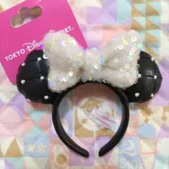 ディズニー　キーチェーン　ミニー　カチューシャ　スパンコール　白　リボン