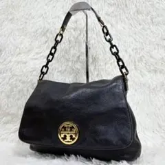 美品 トリーバーチ ハンドバッグ チェーン シボ革 レザー ロゴ金具 ブラック