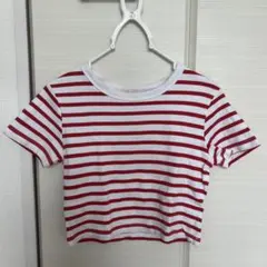 GU 赤と白のストライプ クロップドTシャツ Sサイズ