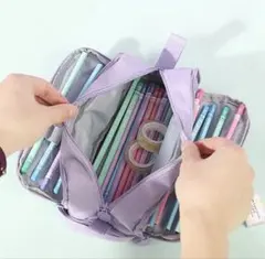 大容量ペンケース ライトパープル筆箱多機能ポーチ 文房 具化粧 ガジェッ