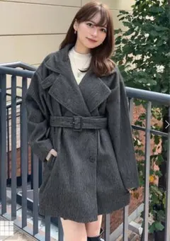 GRL シャギースタンドミドル丈オーバーコート　　チャコール　ze842