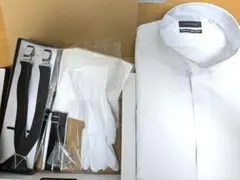 新郎シャツ 新郎小物セット 立ち襟シャツ サスペンダー アームバンド 手袋