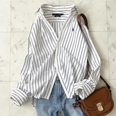 美品♪ラルフローレン　コットン　シャツ　紺　ストライプ　ポニー刺繍　長袖　M相当