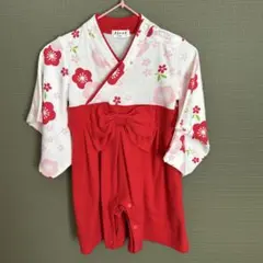 【70サイズ】着物スタイルロンパース 赤と白 花柄