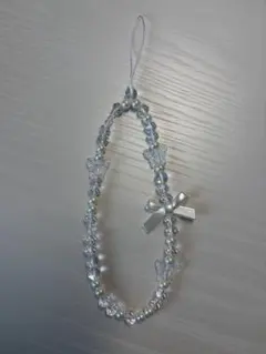 ハンドストラップ ビーズストラップ（リボン/ホワイト）【美品】