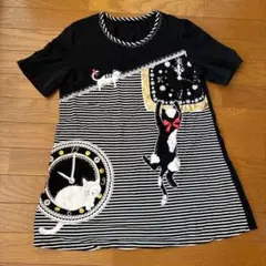 猫と時計のプリント 半袖Tシャツ　レトロ
