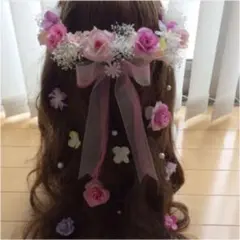 ラプンツェルハーフアップ髪飾り♡ピンク♡紫♡黄色♡かすみ草