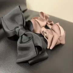 リボン ヘアクリップ 2個セット 黒 ピンク