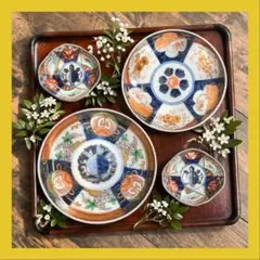 b247 4枚セット 印判皿 染付皿 伊万里焼 アンティーク コーディネート 器