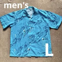 【美品✨】かりゆしウェア　アロハシャツ 半袖　魚柄 ブルー　青　Lサイズ　沖縄