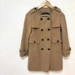 【グリーンレーベルリラクシング】ダブルウールコート　M　茶色ブラウン　ノーカラー