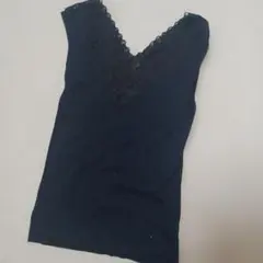 ネイビー レース付きVネック タンクトップ M