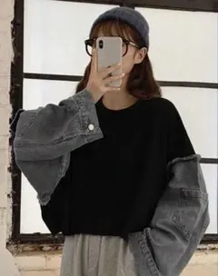 オーバーサイズシャツ　デニムシャツ　ロンT ショート丈　ブラック　春夏　韓国風