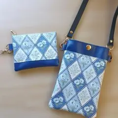 スマホショルダーバッグ 青と白の花柄＊ポーチ二点セット★ハンドメイド