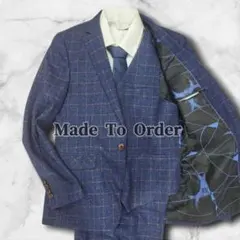 オーダーメイド スリーピース スーツ ビジネス ネイビー チェック 裏地派手