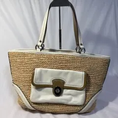 （美品）COACH ベージュとホワイトのストローショルダーバッグ