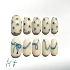 #053 花模様ネイルチップ 青 リボン 春 ニュアンス バラ