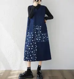 デニムワンピース Vネック おしゃれ度高め プリント ノースリーブ 着痩せ